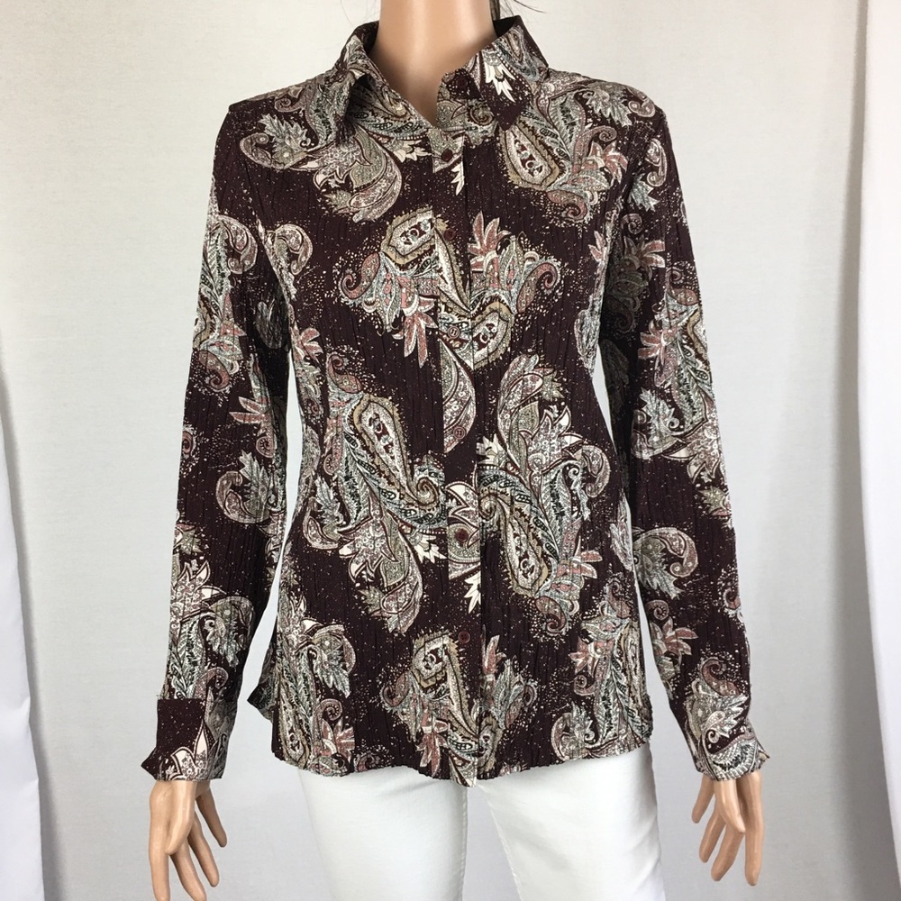 East 5th Brown Collard Paisley Print Blouse